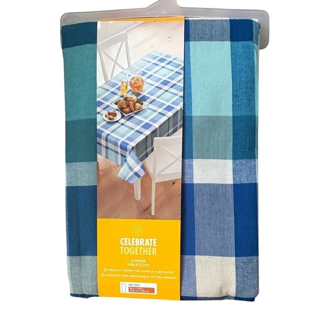 Celebrate Together Blue Gingham Plaid Picnic Table Cloth Fabric 60